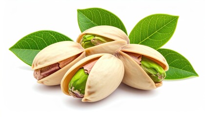 Fresh Salted Pistachios with Green Leaves Isolated on White Background