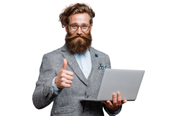 A man with a beard and glasses holding a laptop