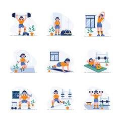 Take a look at this amazing flat style workout routine and fitness illustrations set