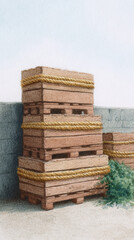 Aesthetic Stacked Wooden Crates Tied with Rope in an Industrial Setting, Symbolizing Sustainable Practices and Organized Storage for Modern Warehouses