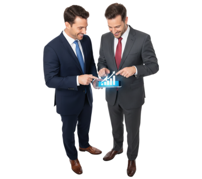 PNG. two businessman standing together. Two businessmen standing and watching something from a smartphone on transparent png background. - Powered by Adobe