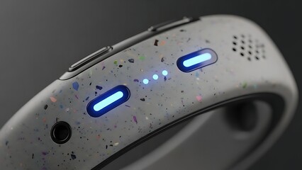 Close-up of modern smartwatch with colorful speckles and glowing blue lights