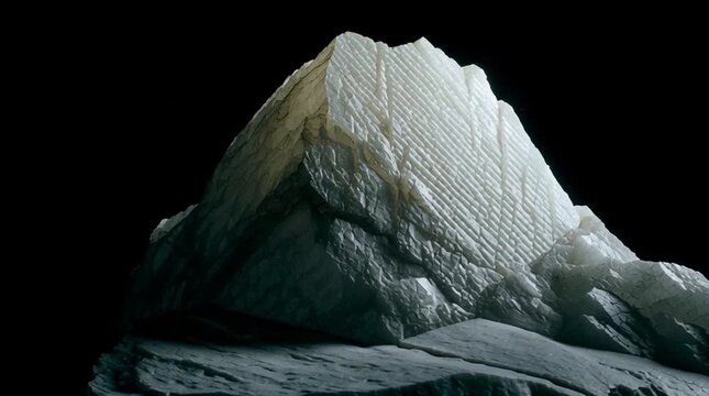 Striking close-up of raw jade gemstone shaped like a mountain, minimalist modern composition, deep white color, dramatic warm lighting, matte black background, high-contrast, shallow depth of field