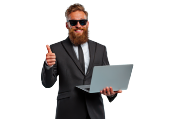 A man with a beard and sunglasses holding a laptop