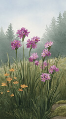 Fototapeta premium A Serene Landscape of Colorful Wildflowers Amidst Lush Greenery and Misty Trees, Capturing the Essence of Nature's Beauty in Botanical Art