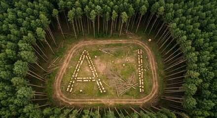 Aerial view of green forest. Word "Ai" written with cutting woods, 3d render. Forest landscape, climate change