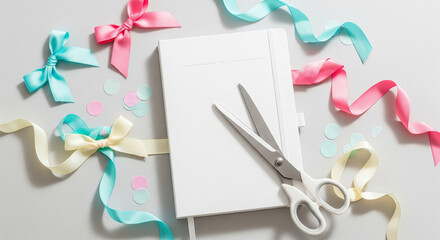 Flat lay composition of a blank white notebook with scissors surrounded by pastel ribbons, bows, and confetti on a light background. Creative craft concept with copy space, suitable for DIY projects, 