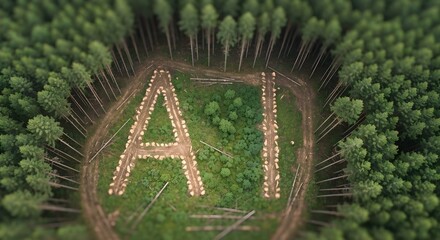 Aerial view of green forest. Word "Ai" written with cutting woods, 3d render. Forest landscape, climate change