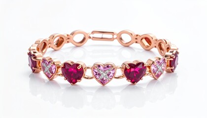 Luxury rose gold bracelet with pink and red heart shaped precious gemstones