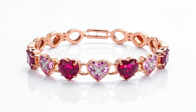 Luxury rose gold bracelet with pink and red heart shaped precious gemstones