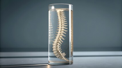 a detailed view of a preserved lizard spine encased within a clear cylindrical container filled with fluid presented on a gray surface