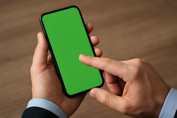Hand holding smartphone with green screen and digital display