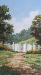 Discover Tranquil Landscapes: A Charming Pathway Through a Flowering Garden with a White Picket Fence and Scenic Hills Under a Clear Sky