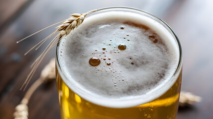 Refreshing golden beer with frothy head and wheat stalk in a close-up view.