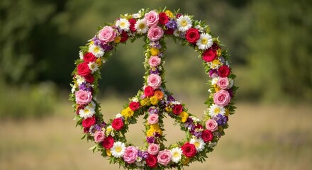 Peace sign made of flowers on a white background. Symbol of peace.