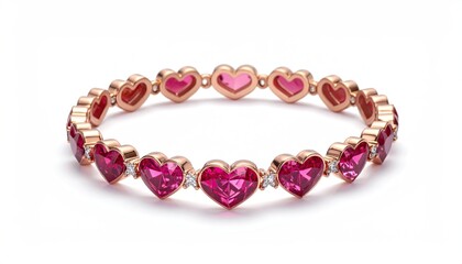 Elegant rose gold bracelet featuring heart shaped ruby gemstones and diamonds