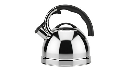 Shiny stainless steel kettle with black handle for boiling water.