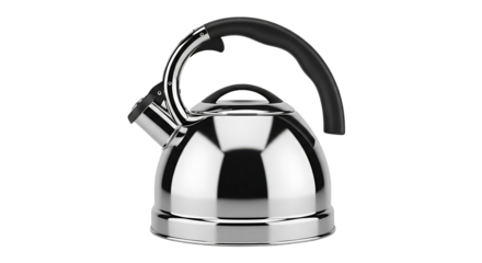 Shiny stainless steel kettle with black handle for boiling water.