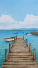 Obraz premium Explore the Serenity of a Picturesque Pier Overlooking Tranquil Waters with Boats on a Beautiful Day in Nature's Embrace