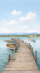 Fototapeta premium A Serene Landscape of a Wooden Pier Surrounded by Boats on Tranquil Waters Underneath a Beautiful Sky