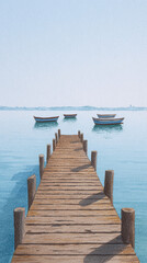 Obraz premium Serene Waterscape: Embrace Tranquility on a Peaceful Pier with Boats at Rest Beneath a Clear Sky, Perfect for Evoking Calming Retreats and Magical Journey Inspirations.