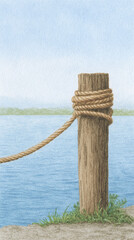 A Serene Landscape Featuring a Wooden Post and Twisted Rope by the Tranquil Waterside, Evoking a Sense of Calmness and Natural Beauty