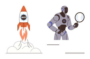 Obraz premium Rocket launching with MVP tag alongside AI robot holding magnifying glass. Ideal for innovation, startup growth, technology, product development, artificial intelligence, research, futuristic