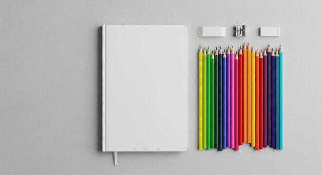 Flat lay minimalis menampilkan buku catatan kosong berwarna putih, deretan pensil warna cerah, penghapus, dan rautan di atas latar belakang abu-abu netral. Konsep kreativitas, pendidikan, desain, seni