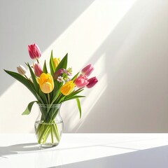 Colorful tulips in clear vase, sunlit