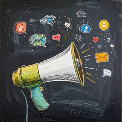 Chalkboard illustration of a megaphone with social media icons radiating outwards