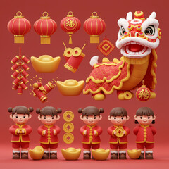 Fototapeta premium Vibrant Chinese New Year celebration with traditional lion dance, lanterns, and festive characters.