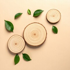 Three light-colored wood slices, arranged in a loose cluster, surrounded by vibrant green leaves, on a muted beige background.  A flat-lay aesthetic emphasizing natural elements
