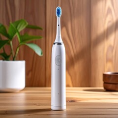 Sleek white electric toothbrush on a light wooden table, beside a potted plant
