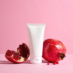 White tube of cosmetic product beside pomegranate halves on pink background