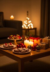 Festive Christmas Scene with Decorated Cookies Candles and Gift Boxes in Cozy Living Room