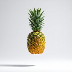 A single pineapple, vibrant yellow,  levitating against a plain white background.  Green crown of leaves atop