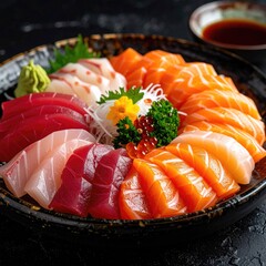 Circular plate of assorted fresh fish slices