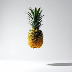 A single pineapple, vibrant yellow, with a crown of deep green leaves, appears to float against a plain white background.  Strong shadows accentuate the form