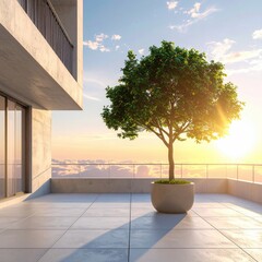 Urban rooftop terrace at sunset, featuring a small tree in a pot