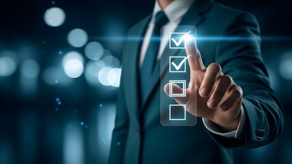 Businessman interacting with digital checklist interface