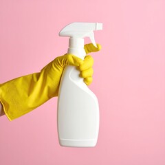 Hand in yellow cleaning glove holds a white spray bottle against a pink background
