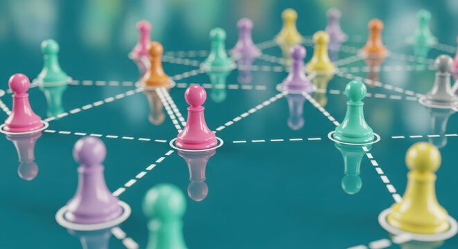 Colorful pawns arranged in a network on a teal reflective surface, symbolizing connections and community with a blurred background. - Powered by Adobe