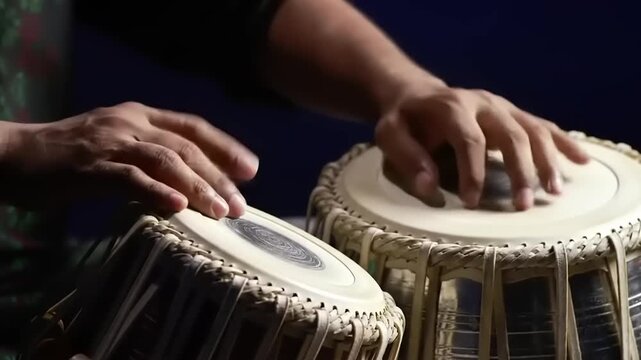 Hands playing tabla drums closeup.