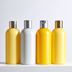 Four round plastic bottles, various colors,  displaying different shades of yellow and white.  Light-toned background, studio shot