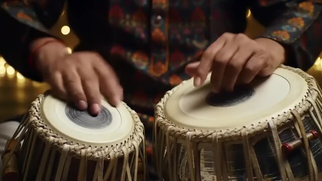 Hands playing tabla drums with closeup.