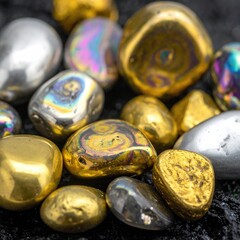 Close-up of colorful, metallic stones