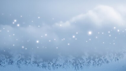 Naklejka premium Sparkling frosted windowpane showcasing delicate ice patterns and ethereal bokeh lights against a soft blue winter sky, ideal for festive backgrounds or seasonal designs.