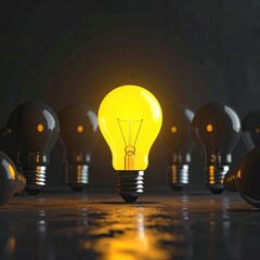 A single, glowing yellow light bulb amidst a group of dark bulbs