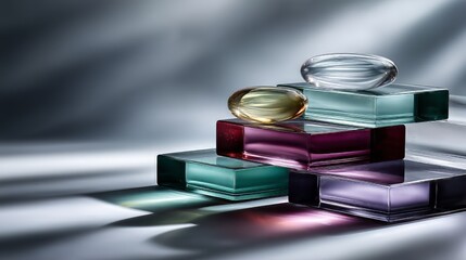 Colorful glass bricks forming geometric pyramid, casting intricate shadows and reflections on gray surface, representing delicate structural harmony, Colorful glass bricks