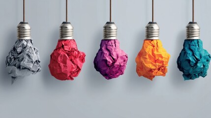 Five hanging lightbulbs wrapped in colorful crumpled paper nests against a pale blue background, featuring orange,